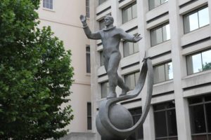 A copy of the statue outside the school near Moscow where Gagarin trained in foundry work