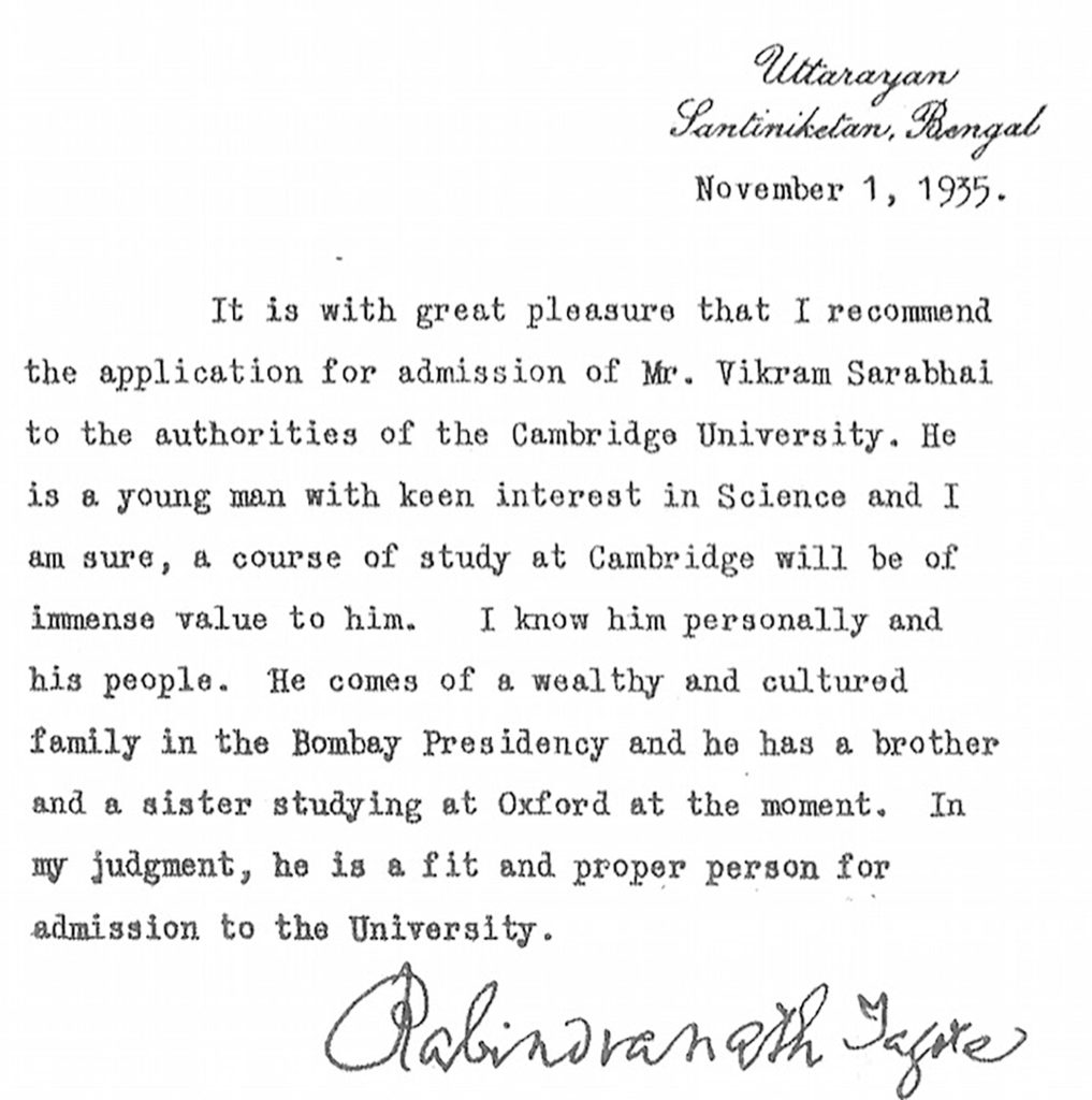 Vikram Sarabhai Letter of recommendation for University of Cambridge 